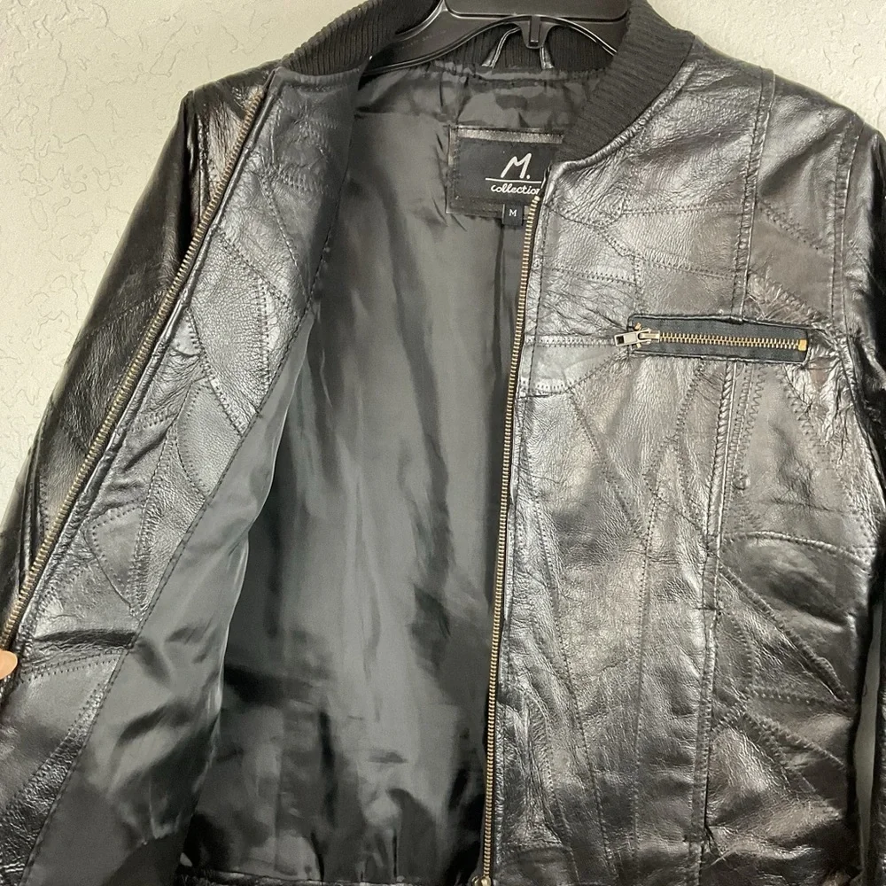 M. Collection Women’s Black Leather Patchwork Zip Up Bomber Jacket Sz Med